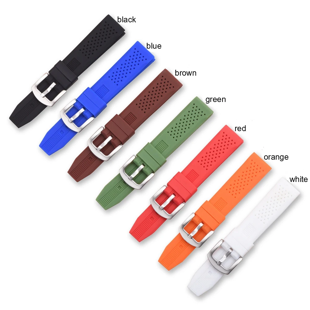 

18 20 22 24mm Top Silicone Watchbands Rubber Wristband Replacement Soft Strap Belt Loop With Silver Pin Buckle