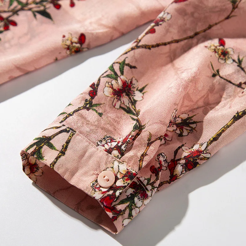 Qualité Key Floral Printemps trou Manches Nouveauté Rose Supérieure Chemisier À Pure Wyg 2019 Perle Soie Imprimé Longues Perles Pink Chemises Retour En xYwnOdSqz