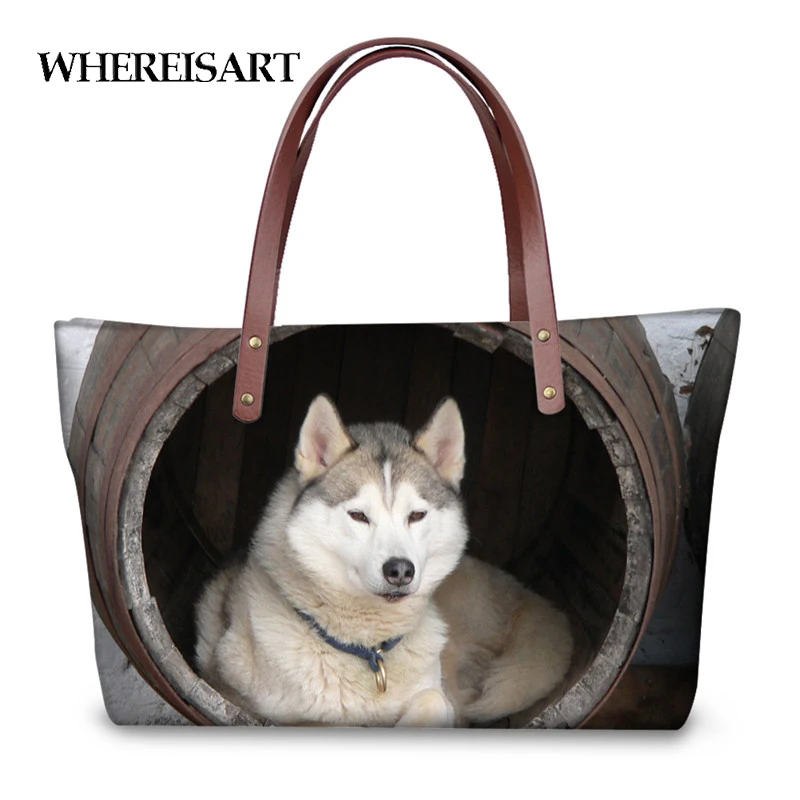 

WHEREISART Animal Husky 3D Print Fashion Handbags Women Luxury Travel Tote Shoulder Bags Female Top-handle Bag Feminine Bolsas