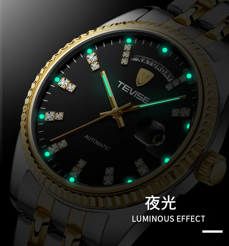 TEVISE Watch Men T833A Men Automatic Watch Rhinestone Scale Date Week Shockproof Waterproof Luminous Hands Mechanical Watch (7)