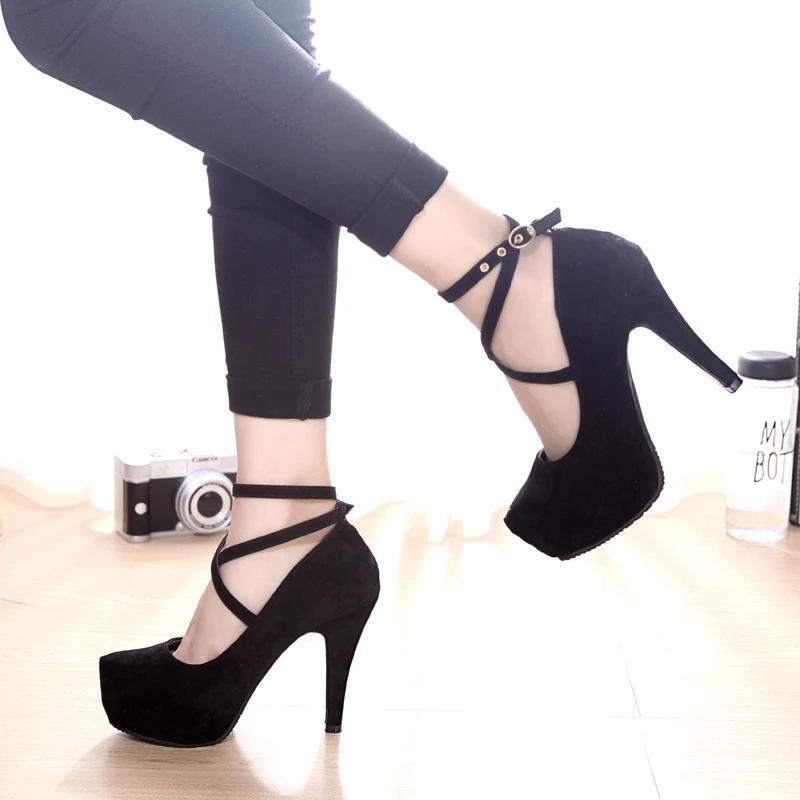 DAOKFPO Brand Big Size Wedding shoes suede high heel single shoes waterproof platform buckle women's shoes Blue Red Black 35-43