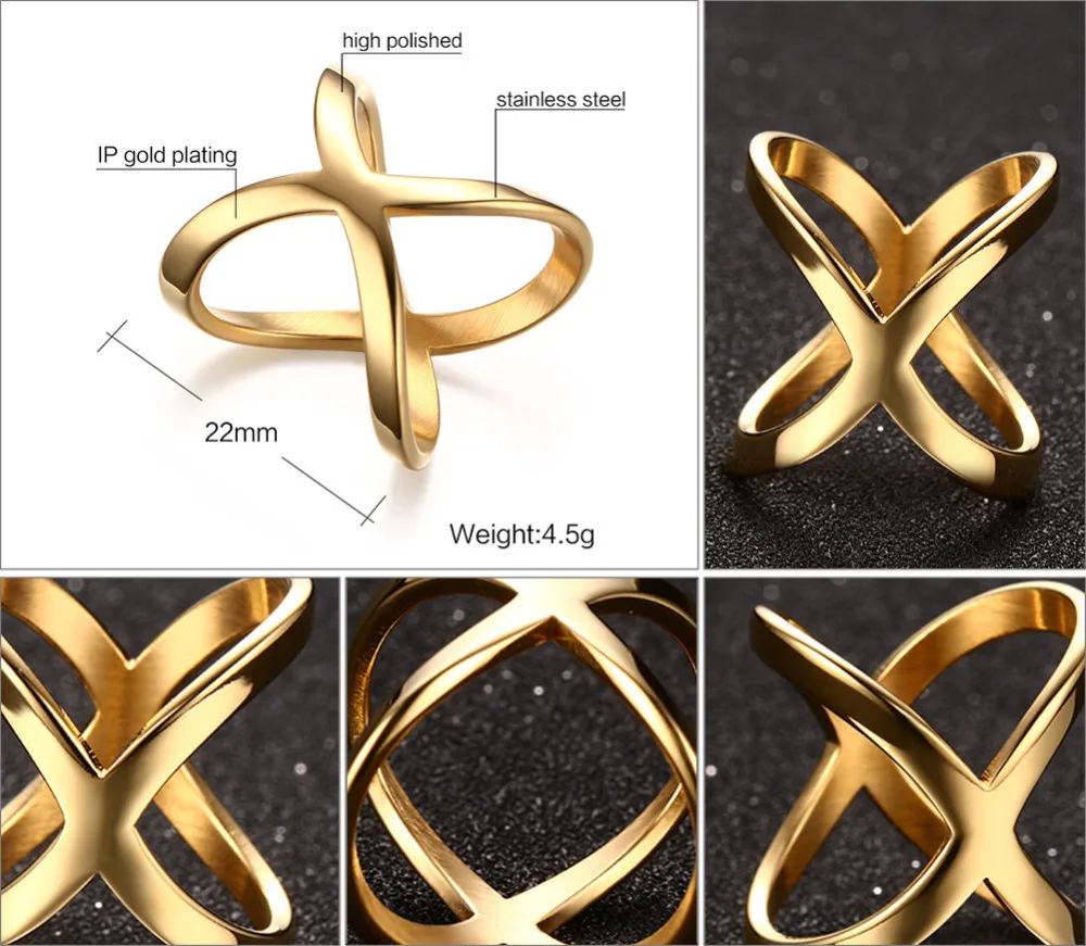 Модная бижутерия, кольца для женщин, простые, нержавеющая сталь, золотой цвет, "X", крест, ювелирные изделия на палец