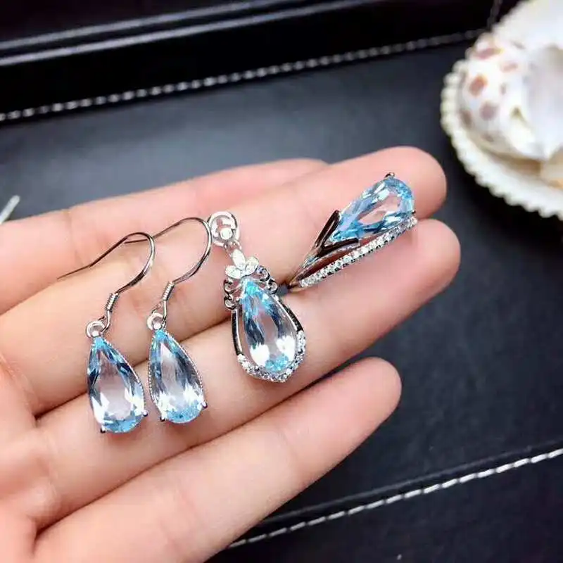 

Fidelity Natural 6*12mm blue topaz s925 sterling silver fashion fine jewelry sets women natural gemstone earrings ring Pendant
