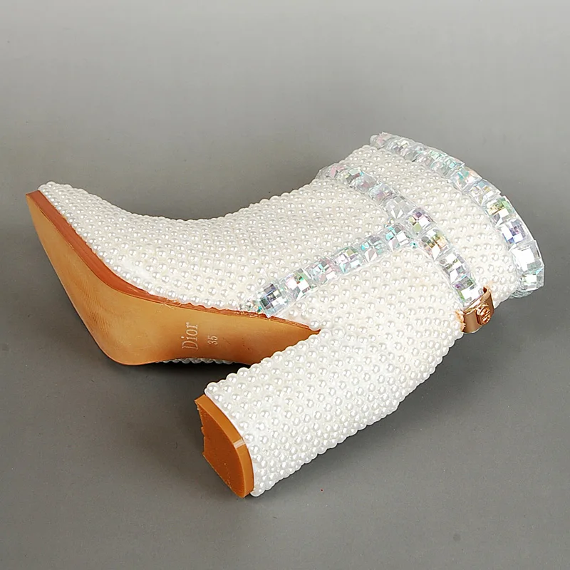 Натуральная кожа женские ботинки со стразами и жемчугом сапоги на высоком каблуке свадебные туфли принцессы свадебная обувь