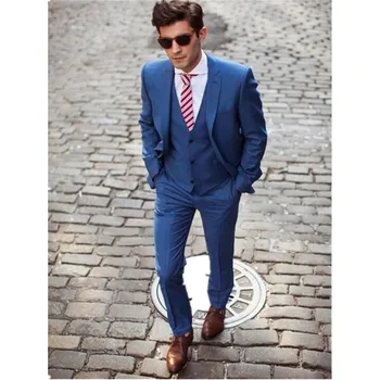 

Blue Men Slim Fits Suits Tuxedos Grooms Suit Men's Wedding Suits Party Suits Custom tops pants vest
