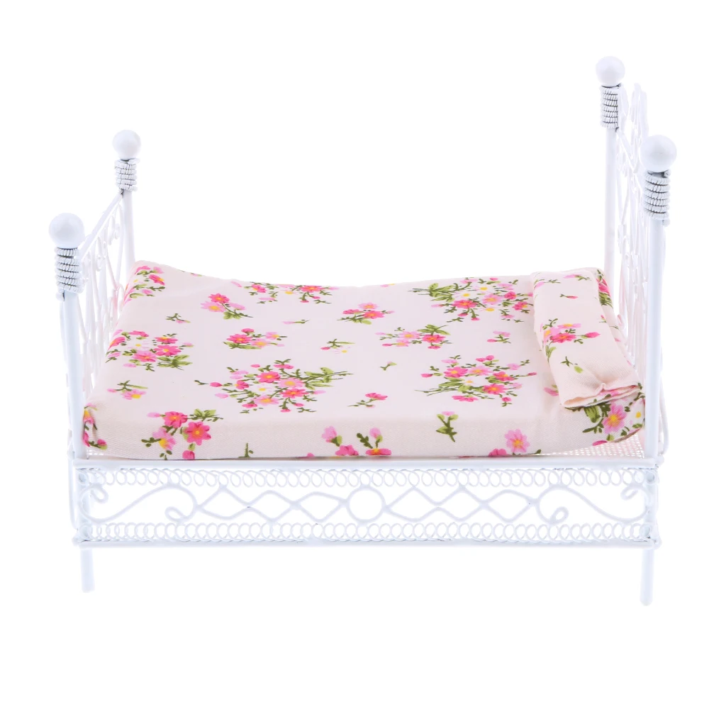 1:12 Dollhouse Miniature Metal European Retro Double Bed Bedroom Furnitures Pretend Play Classic Toys for Children Birthday Gift