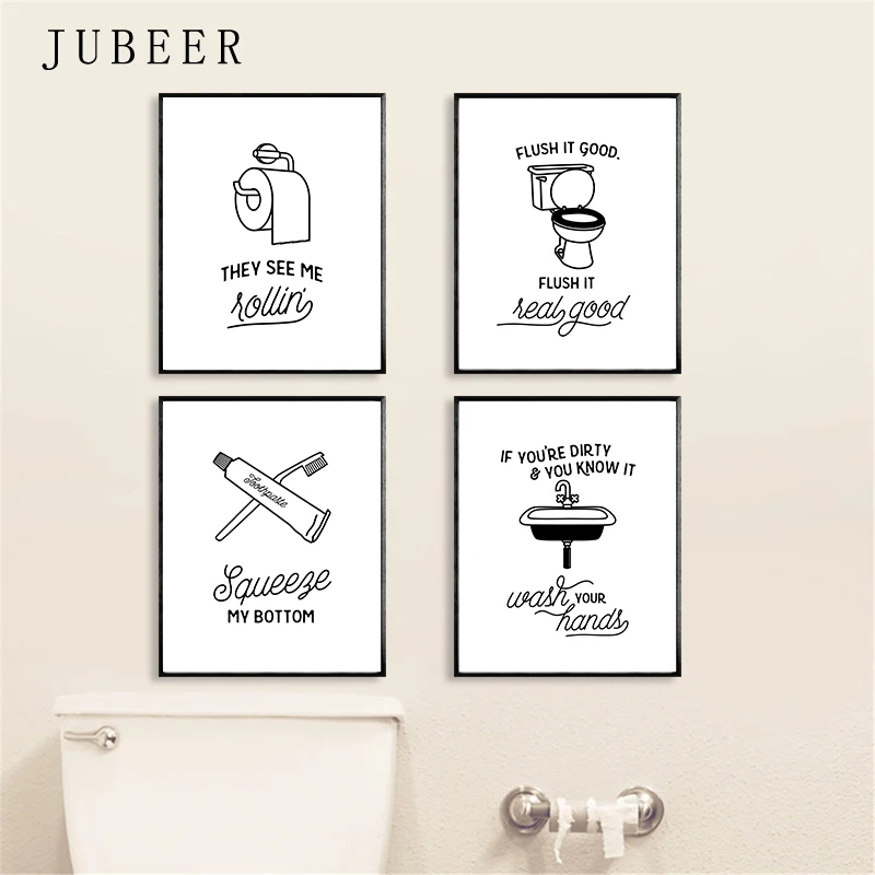 Забавный плакат для туалета, стены в ванной, художественная декоративная картина, туалет, холст, живопись в скандинавском стиле, черно-белые картины