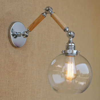 

Nordic adjustable swing arm wood glass ball shade wall lamp reading E27/E26 led vintage light for restaurant bedroom cafe bar