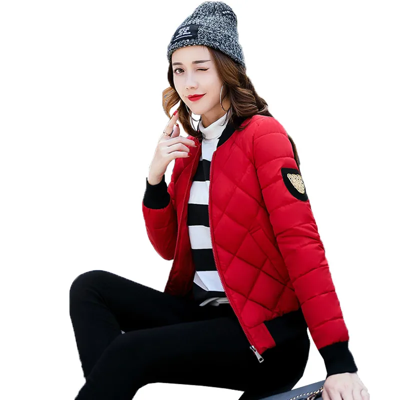 

2017 Autumn Winter New Baseball Cotton Padded Jacket Fashion Short Slim Stand Collar Epaulet Casual Parkas Coat Woman