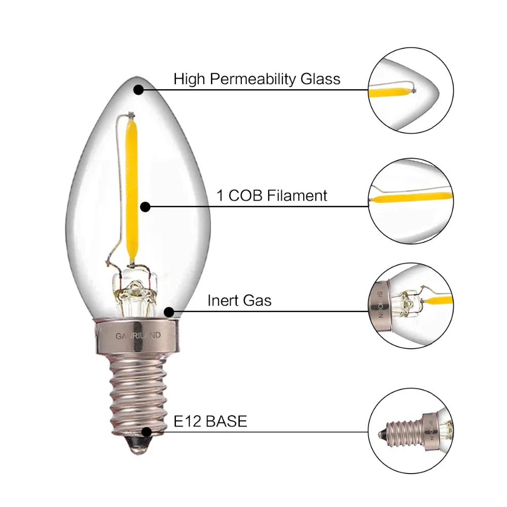 Grensk C7 0,5 Watt E14 Edison светодиодная нить с регулируемой яркостью Ночная лампочка теплый белый 2700 K лампа-канделябр E12 220 V 8 Вт