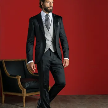 Cena Czarny Szary Mężczyźni Garnitur Slim Fit 3 Sztuka Włoski Klasyczny Smokingi Niestandardowe Blazer Prom Garnitury Terno Masculino