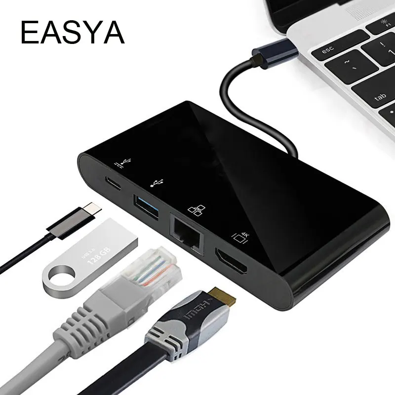 

EASYA 4-in-1 USB C HUB to HDMI RJ45 Gigabit Ethernet Adapter USB Type-C Hub with PD for Macbook Pro USB 3.0 Hub