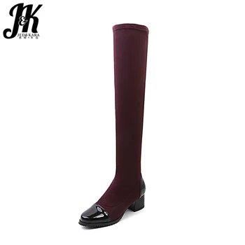 

JK Over The Knee Stretch Women Boots Winter Thick High Heels Boot Square Toe Flock Footwear 2018 New Shoes Fashion Lady Shoes