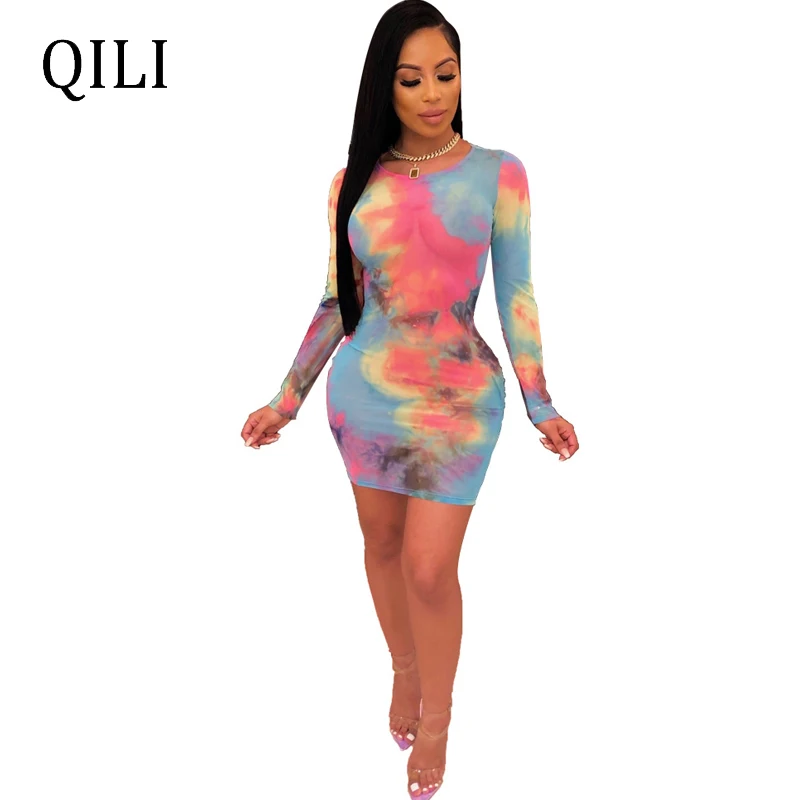 

QILI Women Tie dyeing Printed O Neck Long Sleeve Mini Dresses Office Lady Work Dress Spring Autumn Womens Bodycon Dress