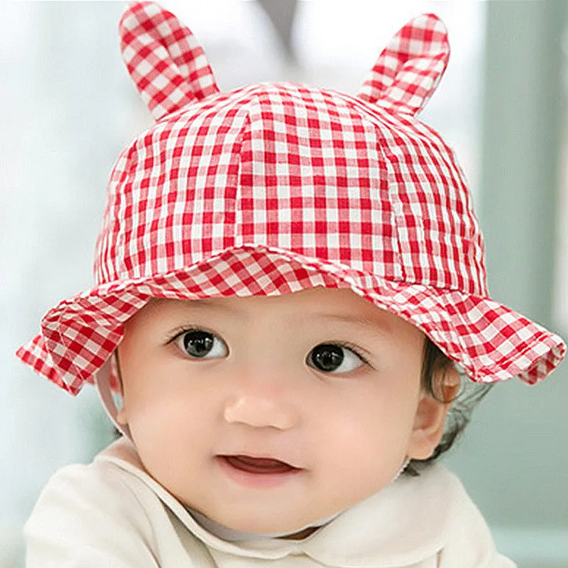 

Cute Plaid Rabbit Child Basin Cap Summer Cotton Baseball Girls Sun Hat Baby Breathable Mesh Kids Outdoor Beach Accessories