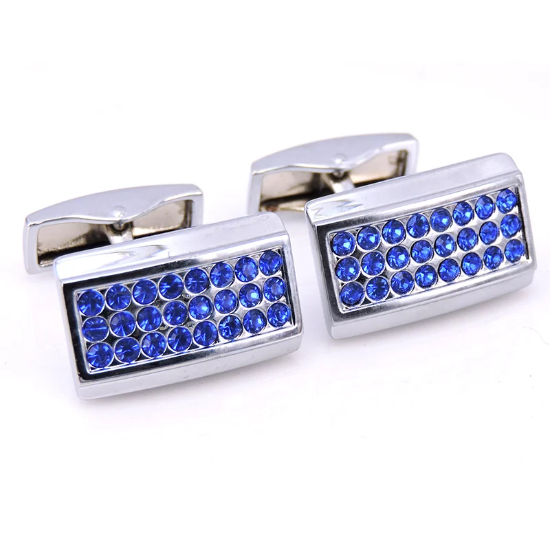 Luxury Sliver Plated Chain Cufflinks Square With Blue Crystal Men's Cuff Links For Wedding