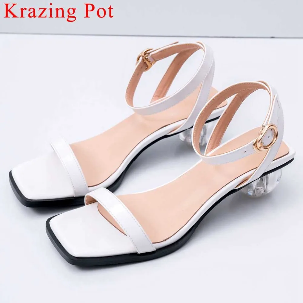 

Krazing Pot natural leather crystal low heels buckle strap peep square toe high quality concise preppy style party shoes L02
