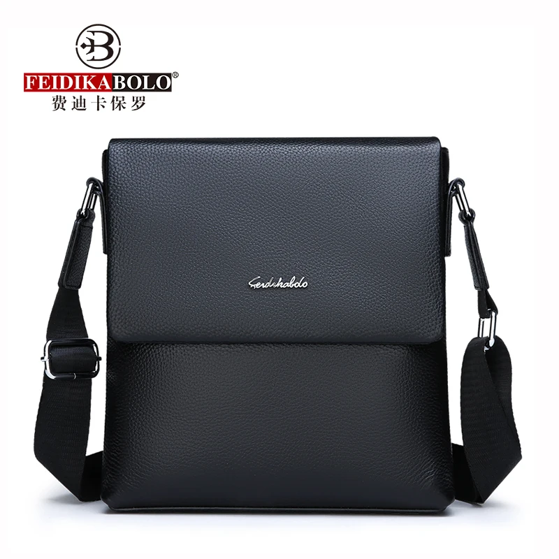 

FEIDIKABOLO High Quality Cow Leather Men's Shoulder Bag New Fashion Simple 2 Sizes Black Casual Single Shoulder Messenger Bag