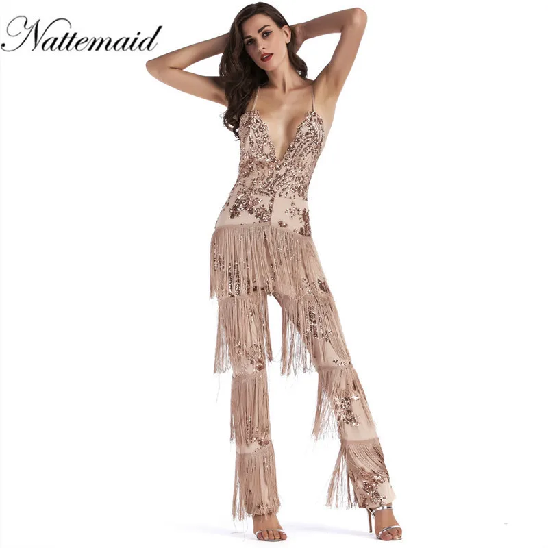 

NATTEMAID new Sexy sleeveless deep V-NECK halter lace tassel jumpsuit Sleeveless sequin Overalls Tassels Backless Rompers