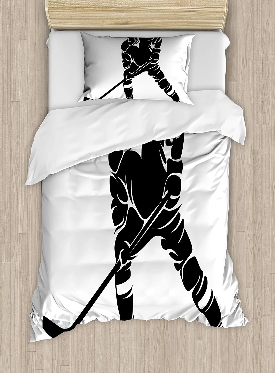 

Hockey Duvet Cover Set Abstract Black Silhouette of a Competitive Player in the Match Position Sportsman Decorative Bedding Set