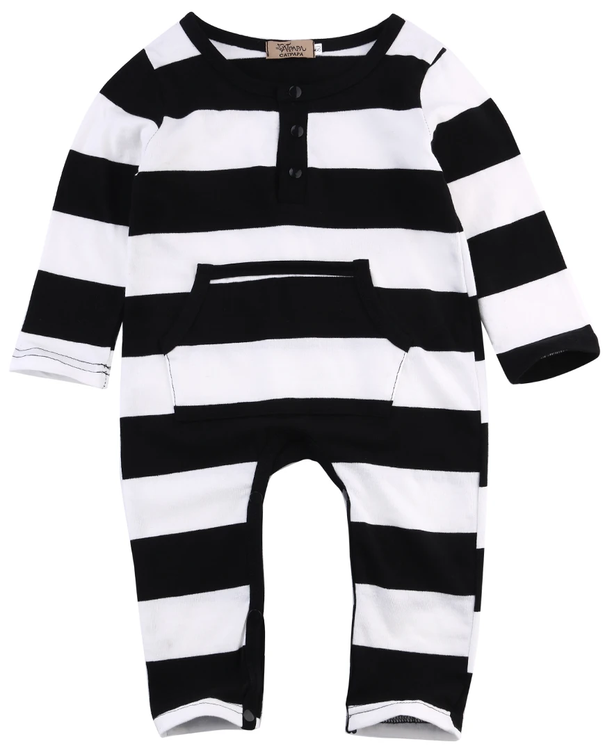 Детский комбинезон в полоску с длинными рукавами и круглым вырезом для маленьких мальчиков и девочек; хлопковая одежда для новорожденных; От 0 до 3 лет - Цвет: Черный