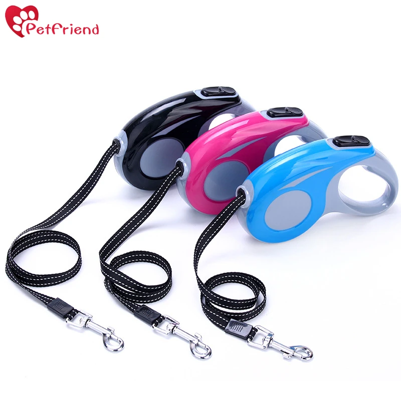 Retractable Dog Leash Automatic with Nylon Ribbon Cord, Hand Grip, One Button Brake & Lock for