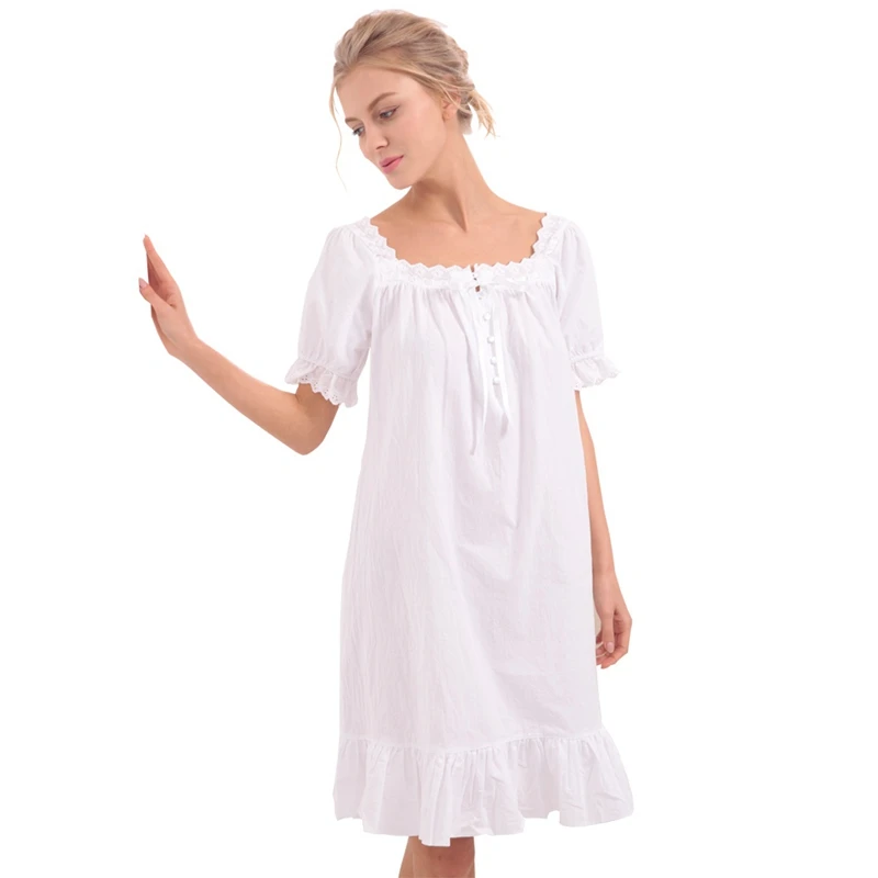 Летние милые вышитые кружева дворец шаблон Ночная сорочка с оборкой Хлопок Свободные с коротким рукавом Твердые цветная ночная рубашка - Цвет: Белый