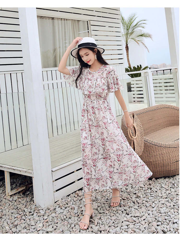 Beach dress seaside holiday dress spring and summer new bohemian large swing long floral chiffon dress