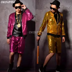 Классический Для мужчин розовое золото bling бейсбольная куртка Хип-Хоп Одежда для танцев звезда Сценические костюмы ночной клуб бар певица