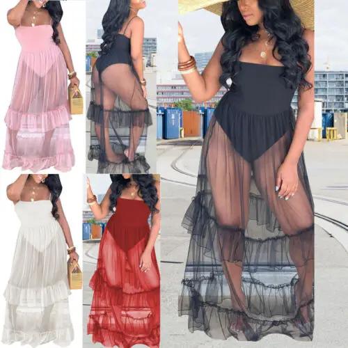

Women Cover up Mesh Sheer Spaghetti Strap Low cut Patchwork See through Cover-Ups Star Long Maxi Dress Summer Beach