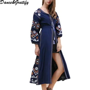 

Ukraine women dress linen embroidered pattern sleeve pompone tassels maxi dress Plus Size Robe gown vestidos women clothing 2017