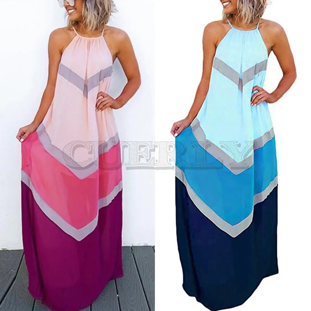 Image Summer Dresses Casual Fashion Elegant Dress Women s Halter Striped Color Patchwork Pleated Back Hollow Out Maxi Long Dress