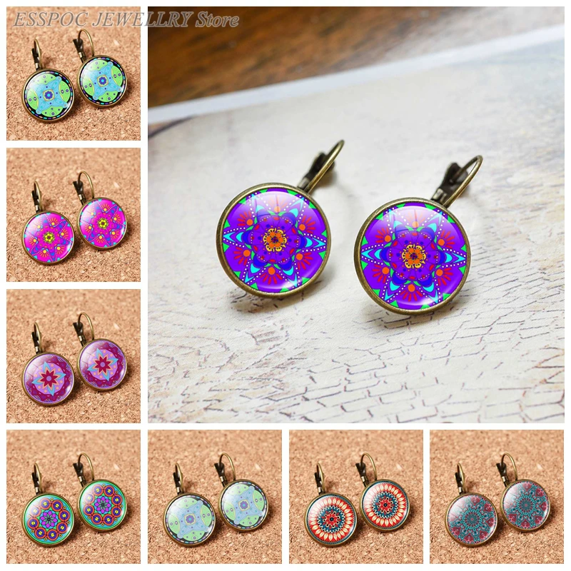 

Fashion France Earring Datura Flowers Stud Earrings Round 16 MM Glass Cabochon Jewelry Bronze Delicate Ear Hook Women Lover Gift