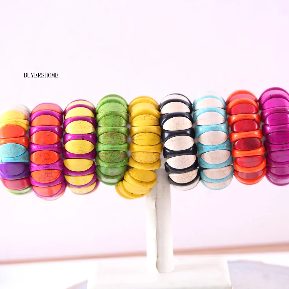 

Handmade Stretch Bracelet For Women Jewelry Natural Stone Beads Red White Blue Purple Black Green Howlite 8" 10Pcs H610