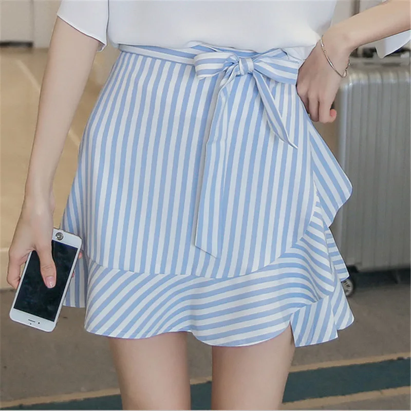 Women High Waist Striped Sashes Bow Slim Mini Skirt Summer gonna donne Falda de las mujeres | Женская одежда