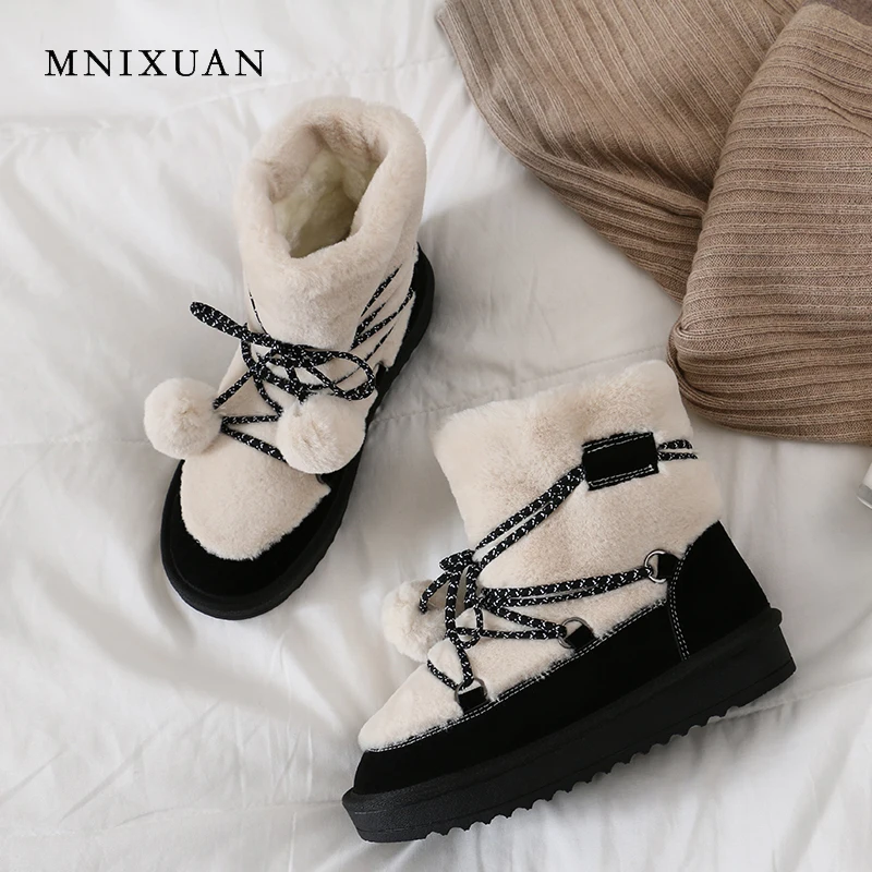 

MNIXUAN Snow boots warm wool blend winter women shoes ankle boots 2018 new leather female non slip platform with fur short boots