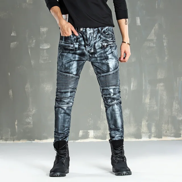 Men's Biker Jeans Casual Classical Male Gold Silver Denim Pants Heavy ...