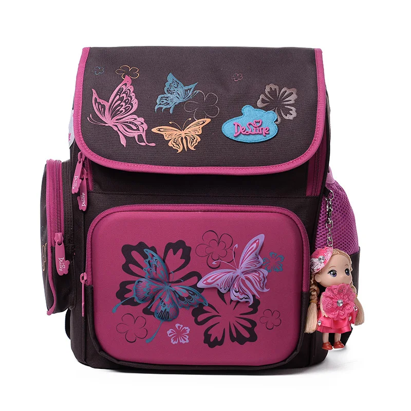 

2017 Delune School Bags Children Backpacks Burden Reducing School Backpacks Polyester Material Butterfly Backpack For Girls