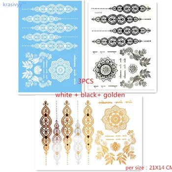 

3pcs hot sales water transfer DIY body art white black and Gold Silver Metal Temporary Tattoos mandala fake Tattoo makeup girl