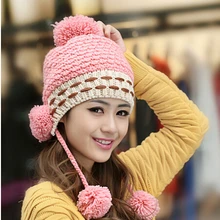 BomHCS милые зимние теплые шерстяные вязаные шапки ручной работы женские ушные муфты три мяча вязаная шапка модная шапка бини
