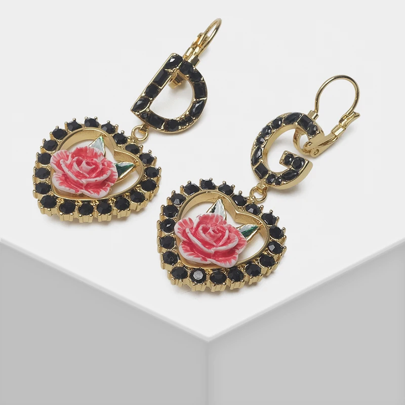 

Rose heart design pendant fashionable glitter drop earrings