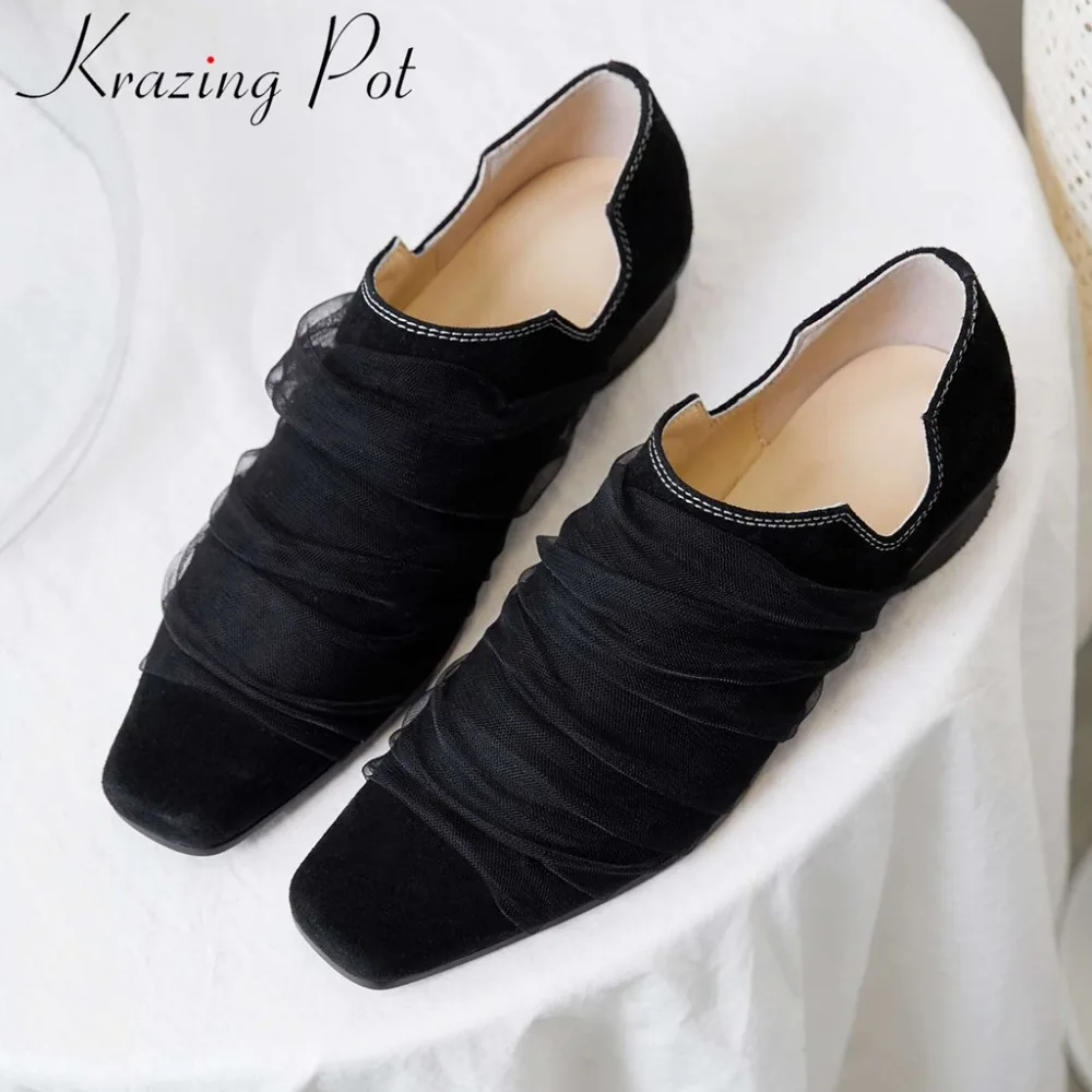 

Krazing Pot sheep leather round low heels retro vintage boat shoes movie stars slip on artistic square toe leisure pumps L75