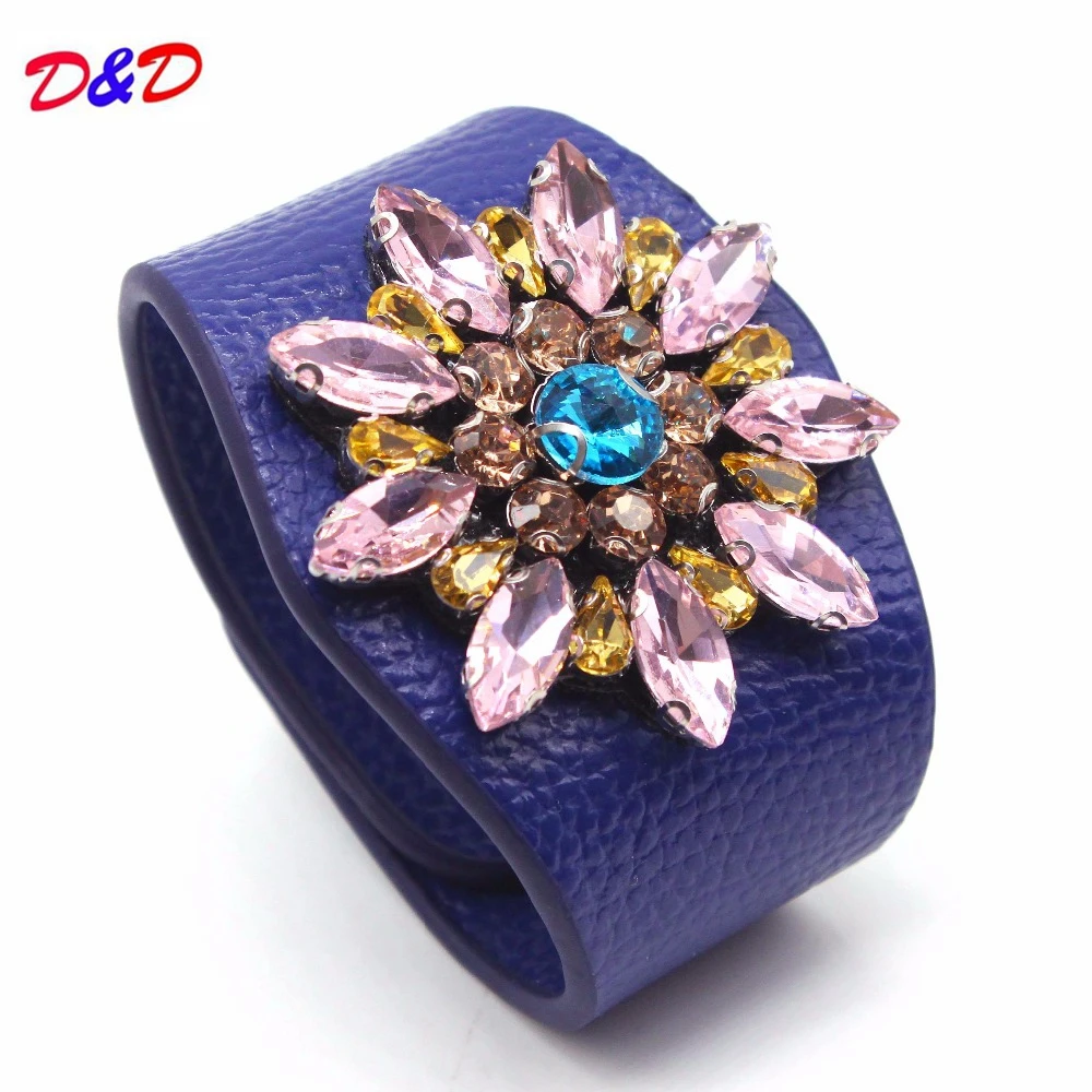 

D&D European Fashion Punk Wide Crystal flowers Leather Bracelets & Bangles for Women Cuff Bracelet Statement Jewelry