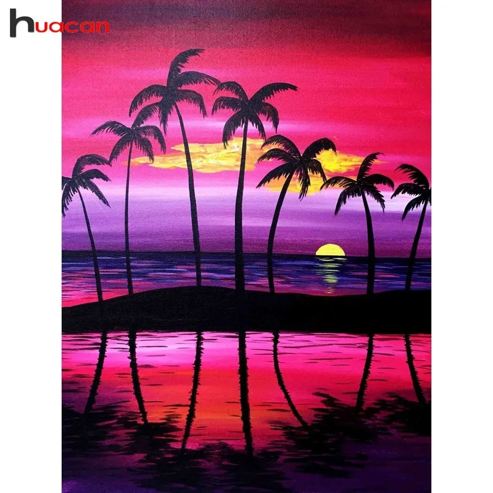 

HUACAN Diamond Embroidery Landscape 5D DIY Diamond Mosaic Sunset Diamond Painting Coconut Tree Full Square Sea Decor Home