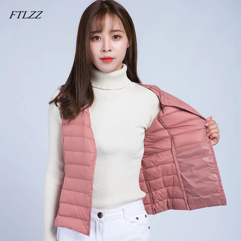 FTLZZ новый ультра светлые жилеты пуховая куртка пальто осень зима для женщин без рукавов тонкий короткий однобортный жилет