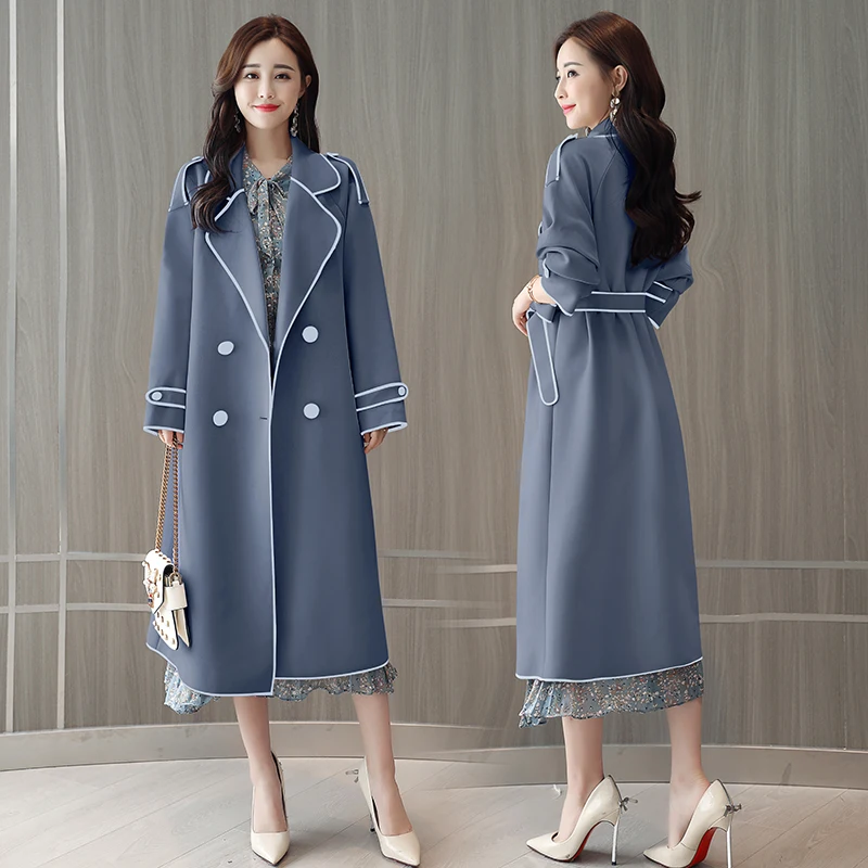New fashion Autumn Winter british style Overcoat Women Long slim Solid Turn-Down Collar Trench Femme double breasted Outwear
