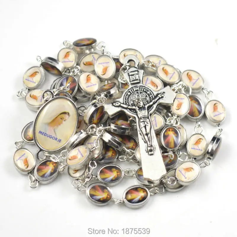 

Free shipping fashion color alloy bead rosary one side Jesus another side Mary