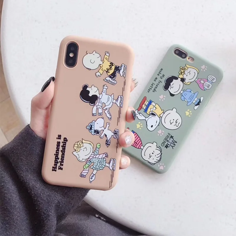 

New Snoopys Dog and Charlie Brown family matte pink case for iPhone XS MAX XR X 6 6S 7 8 Plus soft matte back cover funda