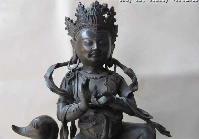 

13"Tibetan Bronze Carved Rride on duck Kwan-yin Statue
