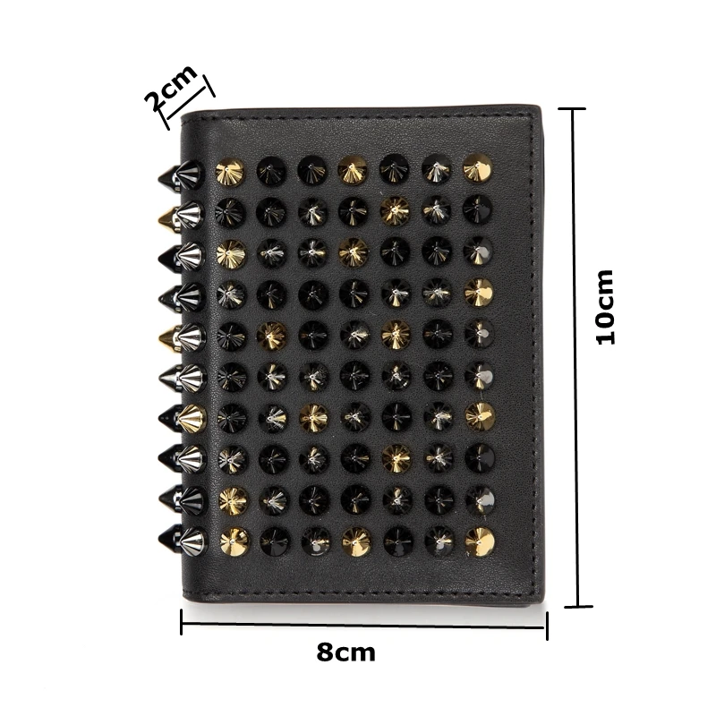 CAJIFUCO женский металлический черный кошелек с заклепками, кредитный держатель для карт, с шипами, Porte Carte, натуральная кожа, портмоне, кошелек для карт